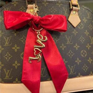 Purse scarf BOW charm solid red gold ❤️ LOVE clip on your bag  stunning !